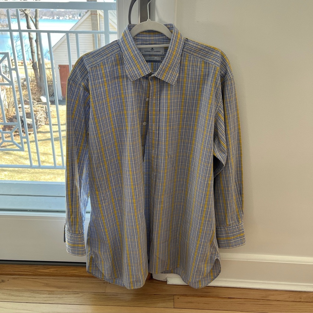 Turnbull & Asser Limited Edition Plaid Blue Yellow Dress Shirt 18 46" Made UK